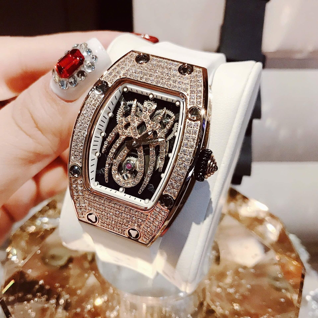 Set Đồng Hồ Nữ Hanboro Mặt Nhện Dây Cao Su Trắng Chính Hãng Đính Đá Rose Gold Size 31x44mm Quartz Tặng Kèm Bộ Dây Cao Su Đen