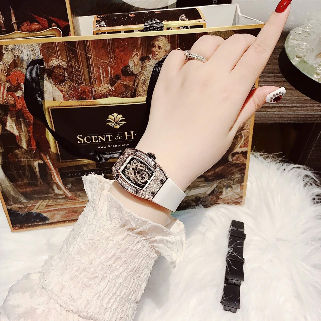 Set Đồng Hồ Nữ Hanboro Mặt Nhện Dây Cao Su Trắng Chính Hãng Đính Đá Rose Gold Size 31x44mm Quartz Tặng Kèm Bộ Dây Cao Su Đen