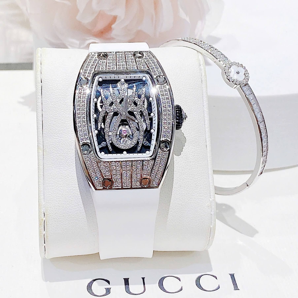Set Đồng Hồ Nữ Hanboro Mặt Nhện Dây Cao Su Trắng Chính Hãng Đính Đá Silver Size 31x44mm Quartz Tặng Kèm Lắc Tay
