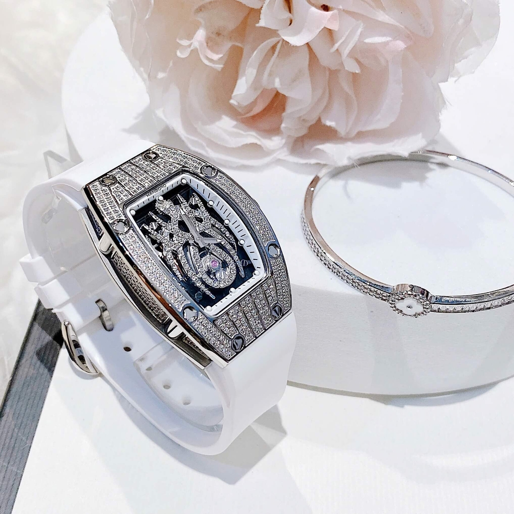 Set Đồng Hồ Nữ Hanboro Mặt Nhện Dây Cao Su Trắng Chính Hãng Đính Đá Silver Size 31x44mm Quartz Tặng Kèm Lắc Tay