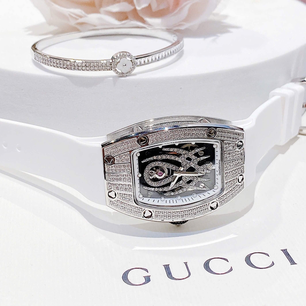 Set Đồng Hồ Nữ Hanboro Mặt Nhện Dây Cao Su Trắng Chính Hãng Đính Đá Silver Size 31x44mm Quartz Tặng Kèm Lắc Tay