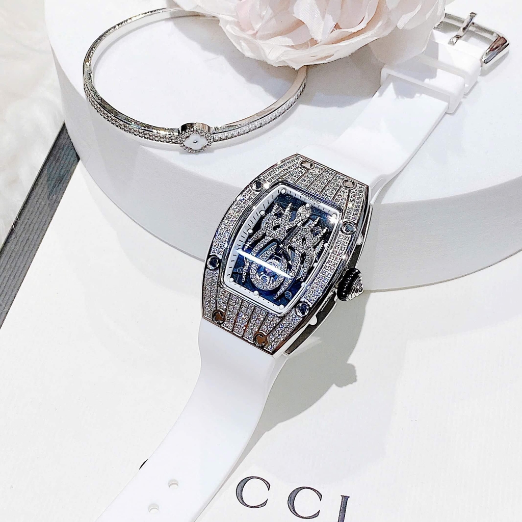Set Đồng Hồ Nữ Hanboro Mặt Nhện Dây Cao Su Trắng Chính Hãng Đính Đá Silver Size 31x44mm Quartz Tặng Kèm Lắc Tay