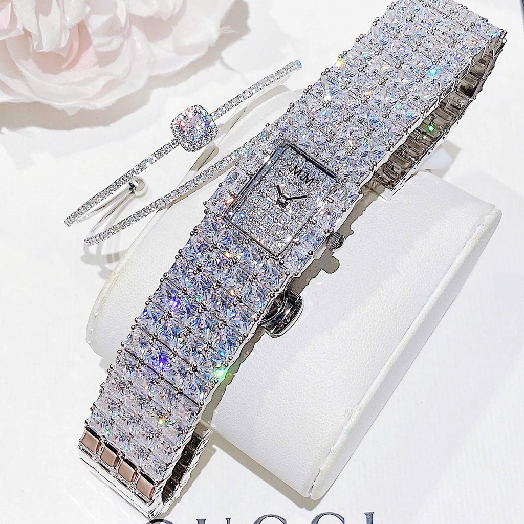 Set Đồng Hồ Nữ Jimi Jimi Dáng Vuông Đính Đá Bạc Size 21x27mm JM 86009 Tặng Kèm Vòng Tay