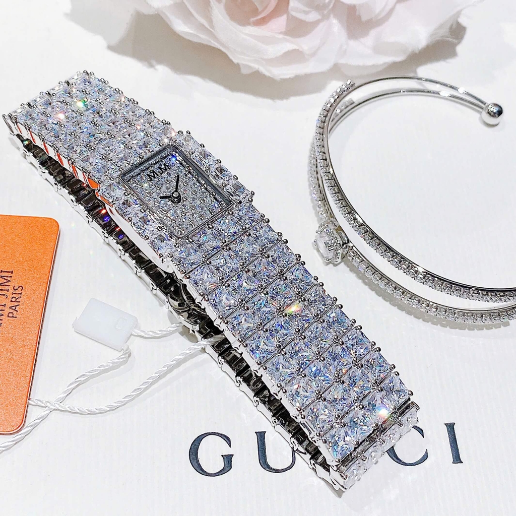 Set Đồng Hồ Nữ Jimi Jimi Dáng Vuông Đính Đá Bạc Size 21x27mm JM 86009 Tặng Kèm Vòng Tay