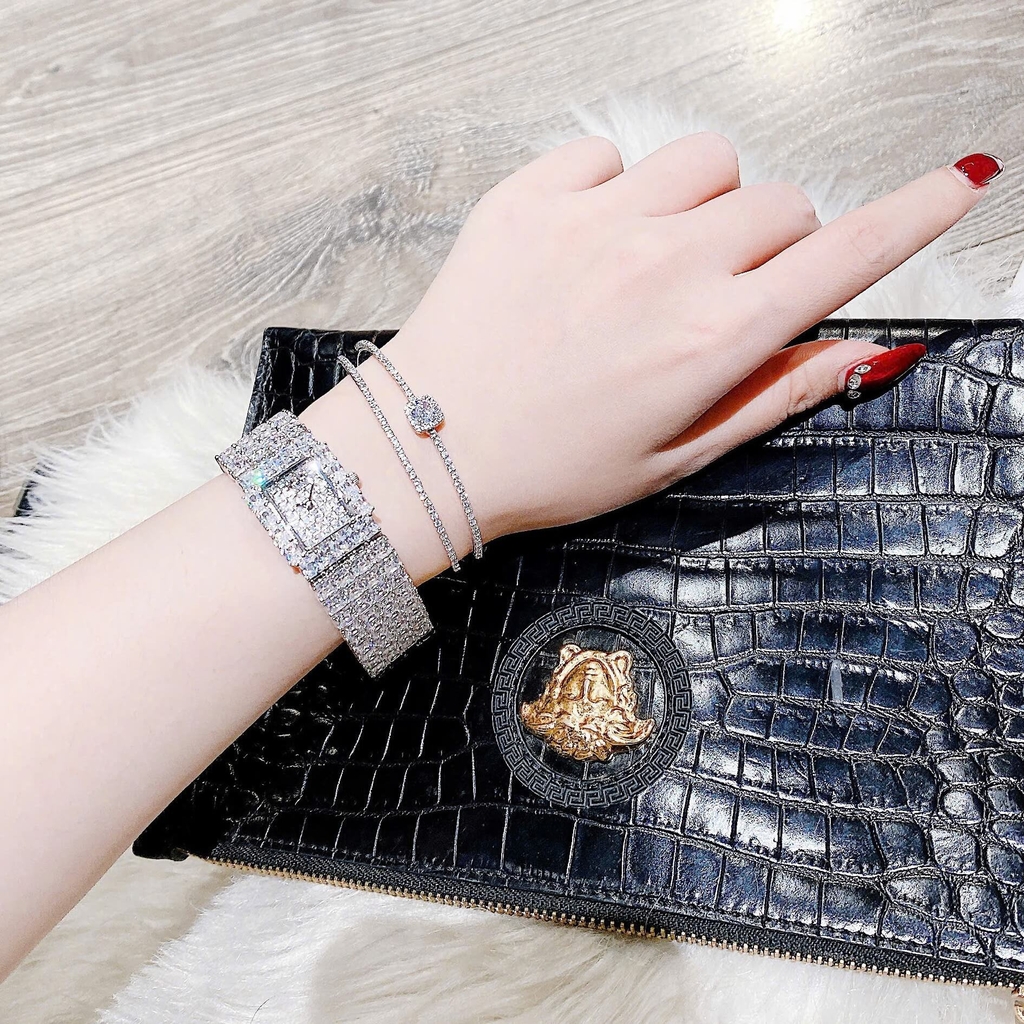 Set Đồng Hồ Nữ Jimi Jimi Dáng Vuông Đính Đá Bạc Size 21x27mm JM 86009 Tặng Kèm Vòng Tay