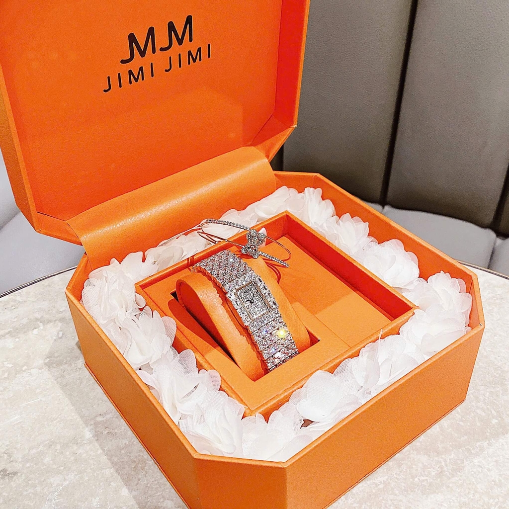 Set Đồng Hồ Nữ Jimi Jimi Dáng Vuông Đính Đá Vàng Hồng Size 21x27mm JM 86009 Tặng Kèm Vòng Tay