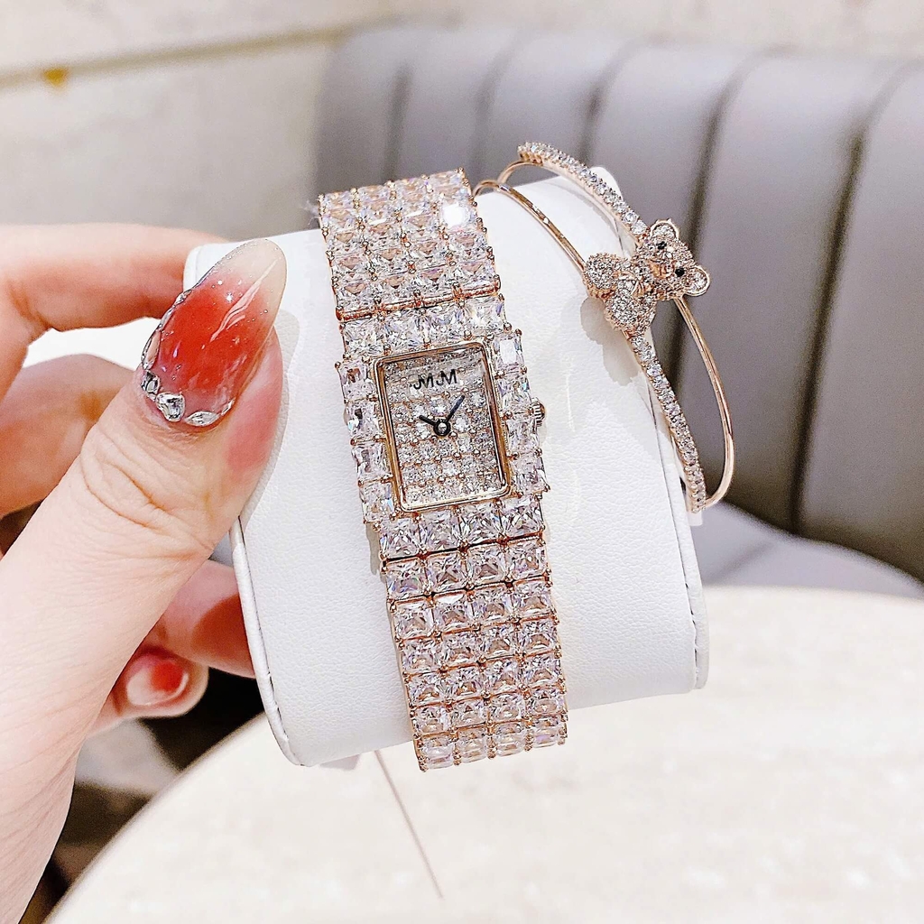 Set Đồng Hồ Nữ Jimi Jimi Dáng Vuông Đính Đá Vàng Hồng Size 21x27mm JM 86009 Tặng Kèm Vòng Tay