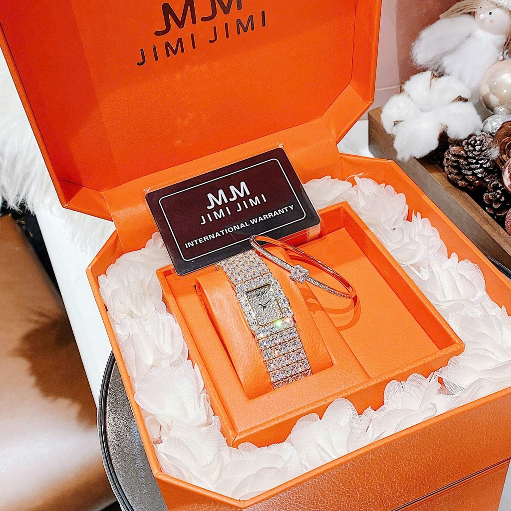 Set Đồng Hồ Nữ Jimi Jimi Dáng Vuông Đính Đá Vàng Hồng Size 21x27mm JM 86009 Tặng Kèm Vòng Tay
