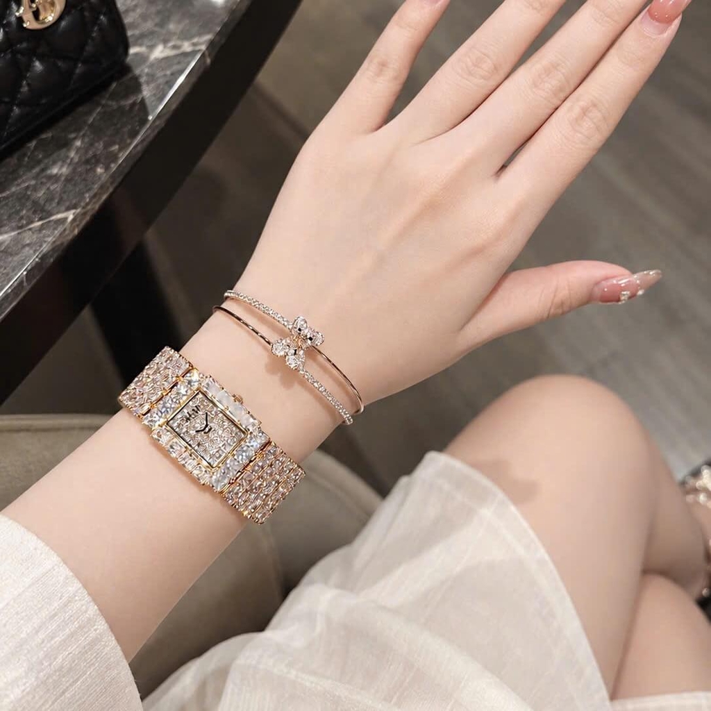 Set Đồng Hồ Nữ Jimi Jimi Dáng Vuông Đính Đá Vàng Hồng Size 21x27mm JM 86009 Tặng Kèm Vòng Tay