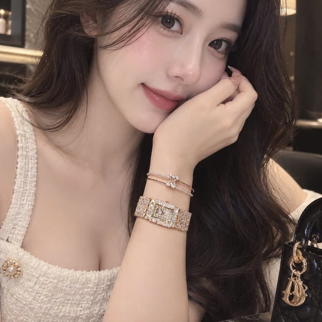 Set Đồng Hồ Nữ Jimi Jimi Dáng Vuông Đính Đá Vàng Hồng Size 21x27mm JM 86009 Tặng Kèm Vòng Tay