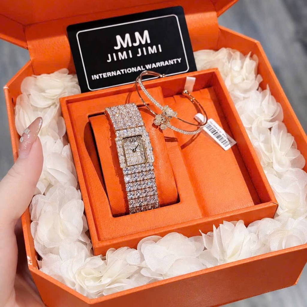 Set Đồng Hồ Nữ Jimi Jimi Dáng Vuông Đính Đá Vàng Hồng Size 21x27mm JM 86009 Tặng Kèm Vòng Tay