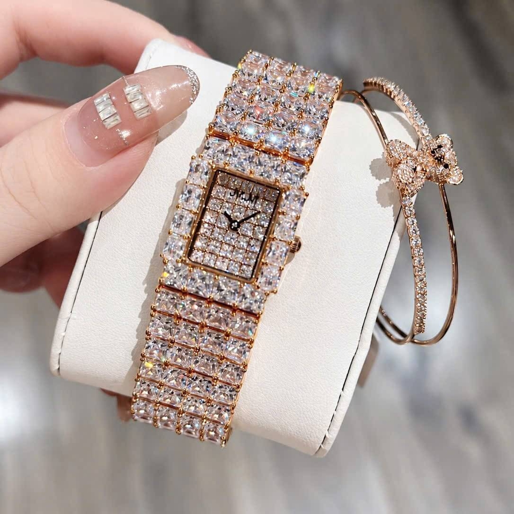 Set Đồng Hồ Nữ Jimi Jimi Dáng Vuông Đính Đá Vàng Hồng Size 21x27mm JM 86009 Tặng Kèm Vòng Tay