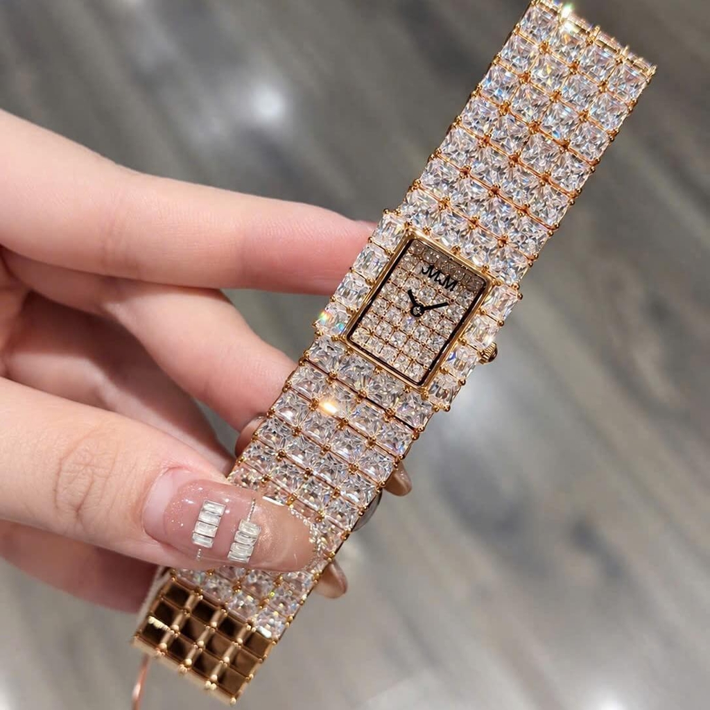 Set Đồng Hồ Nữ Jimi Jimi Dáng Vuông Đính Đá Vàng Hồng Size 21x27mm JM 86009 Tặng Kèm Vòng Tay