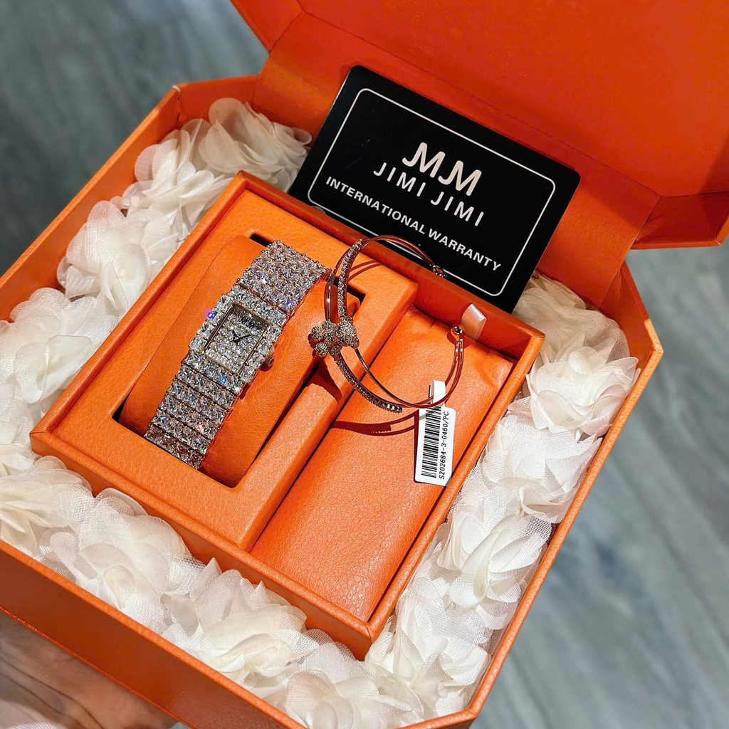 Set Đồng Hồ Nữ Jimi Jimi Dáng Vuông Đính Đá Vàng Hồng Size 21x27mm JM 86009 Tặng Kèm Vòng Tay