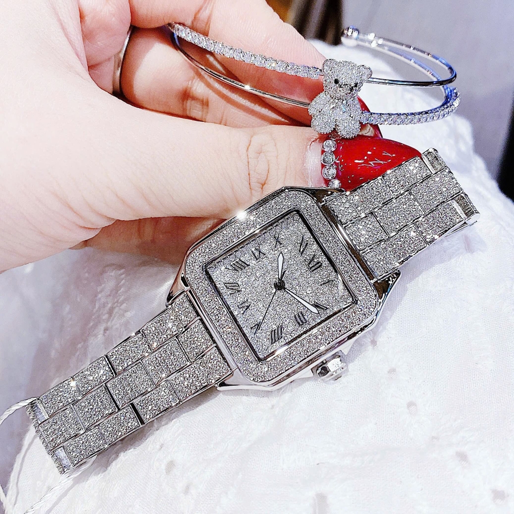 Set Đồng Hồ Nữ Jimi Jimi Đính Đá Bạc Mặt Vuông Số La Mã Size 34mm JM 86004 Quartz Tặng Kèm Vòng Tay