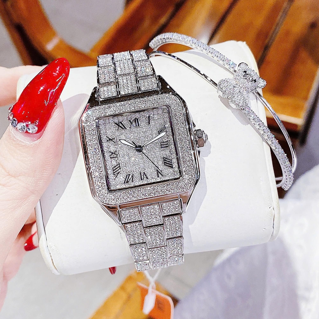 Set Đồng Hồ Nữ Jimi Jimi Đính Đá Bạc Mặt Vuông Số La Mã Size 34mm JM 86004 Quartz Tặng Kèm Vòng Tay