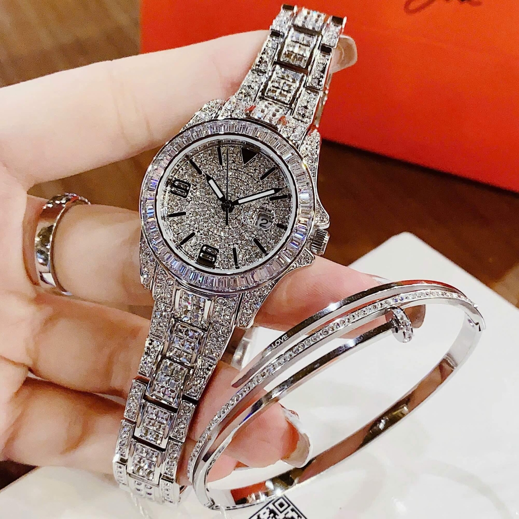 Set Đồng Hồ Nữ Jimi Jimi Đính Đá Bạc Size 32mm Quartz JM 86001 Tặng Kèm Vòng Tay