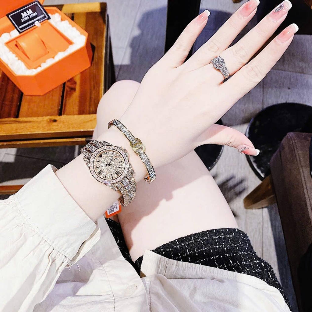 Set Đồng Hồ Nữ Jimi Jimi Đính Đá Vàng Hồng Size 32mm Quartz JM 86001 Tặng Kèm Vòng Tay