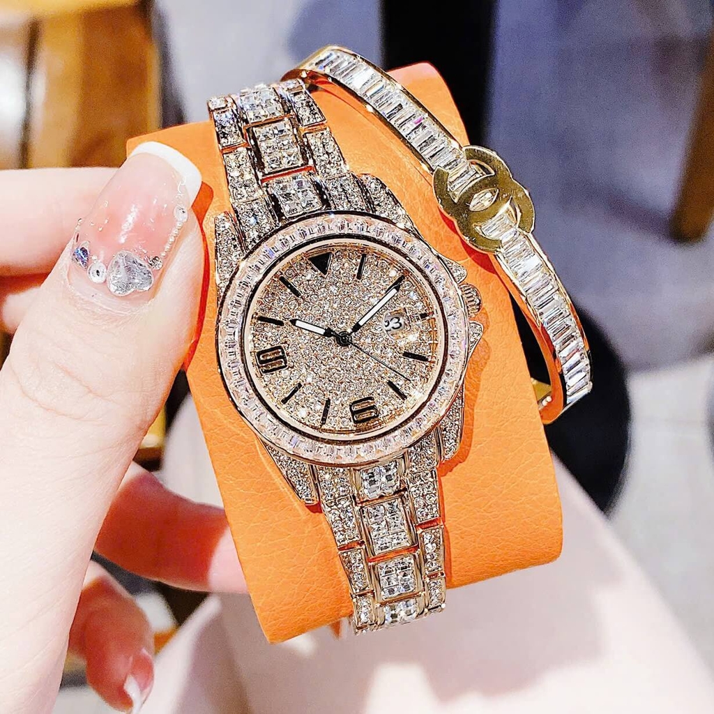 Set Đồng Hồ Nữ Jimi Jimi Đính Đá Vàng Hồng Size 32mm Quartz JM 86001 Tặng Kèm Vòng Tay