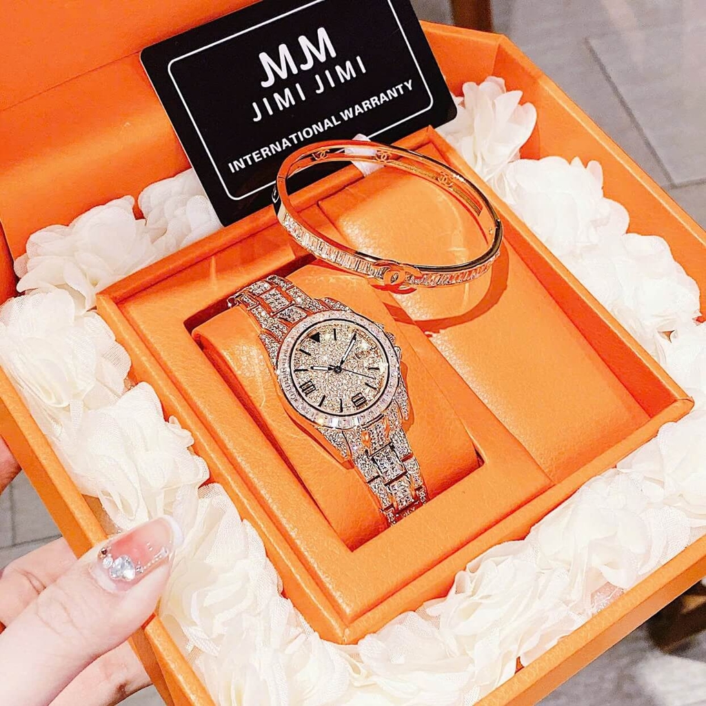 Set Đồng Hồ Nữ Jimi Jimi Đính Đá Vàng Hồng Size 32mm Quartz JM 86001 Tặng Kèm Vòng Tay