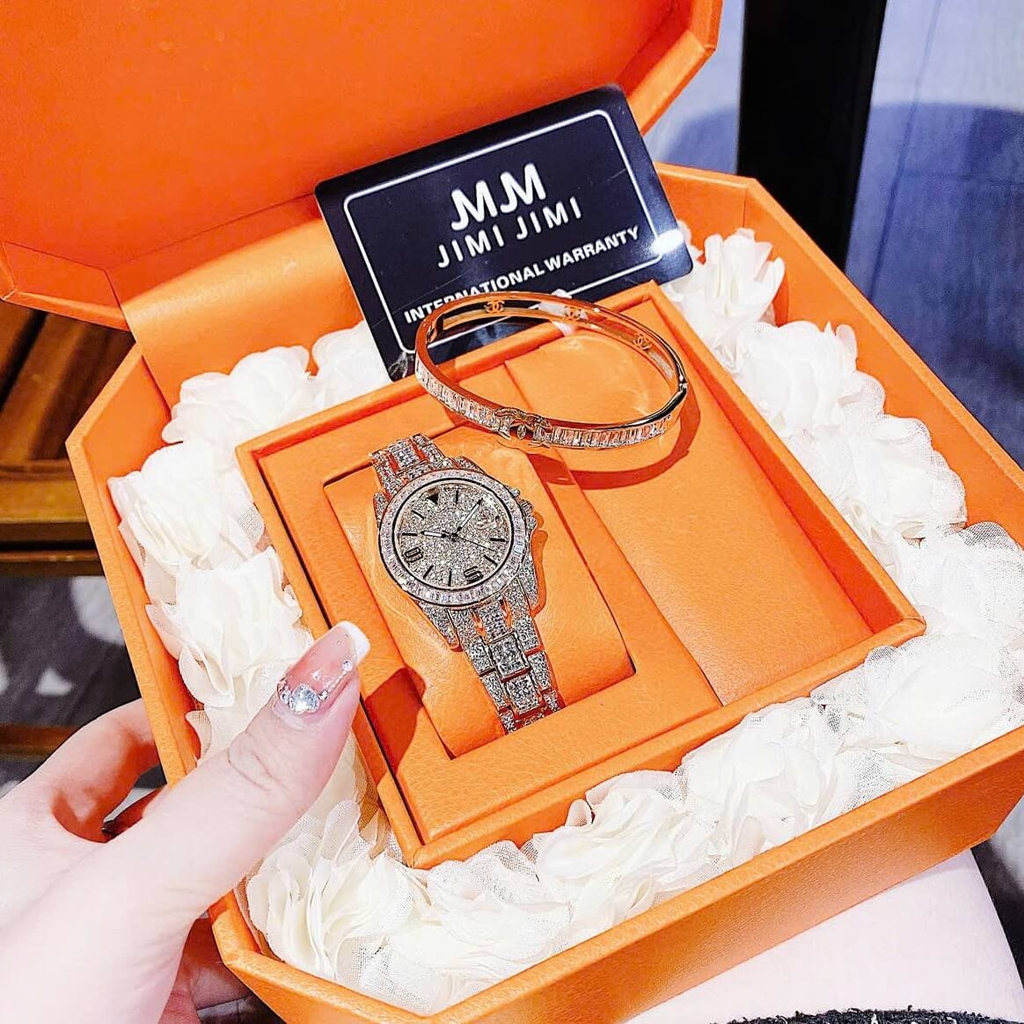Set Đồng Hồ Nữ Jimi Jimi Đính Đá Vàng Hồng Size 32mm Quartz JM 86001 Tặng Kèm Vòng Tay