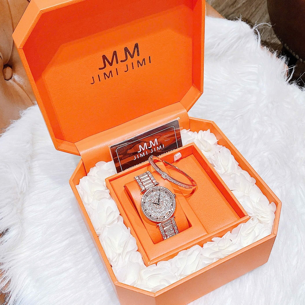 Set Đồng Hồ Nữ Jimi Jimi Mặt Hoa Xoay Đính Đá Bạc Sang Trọng Size 35mm JM 86003 Tặng Kèm Vòng Tay