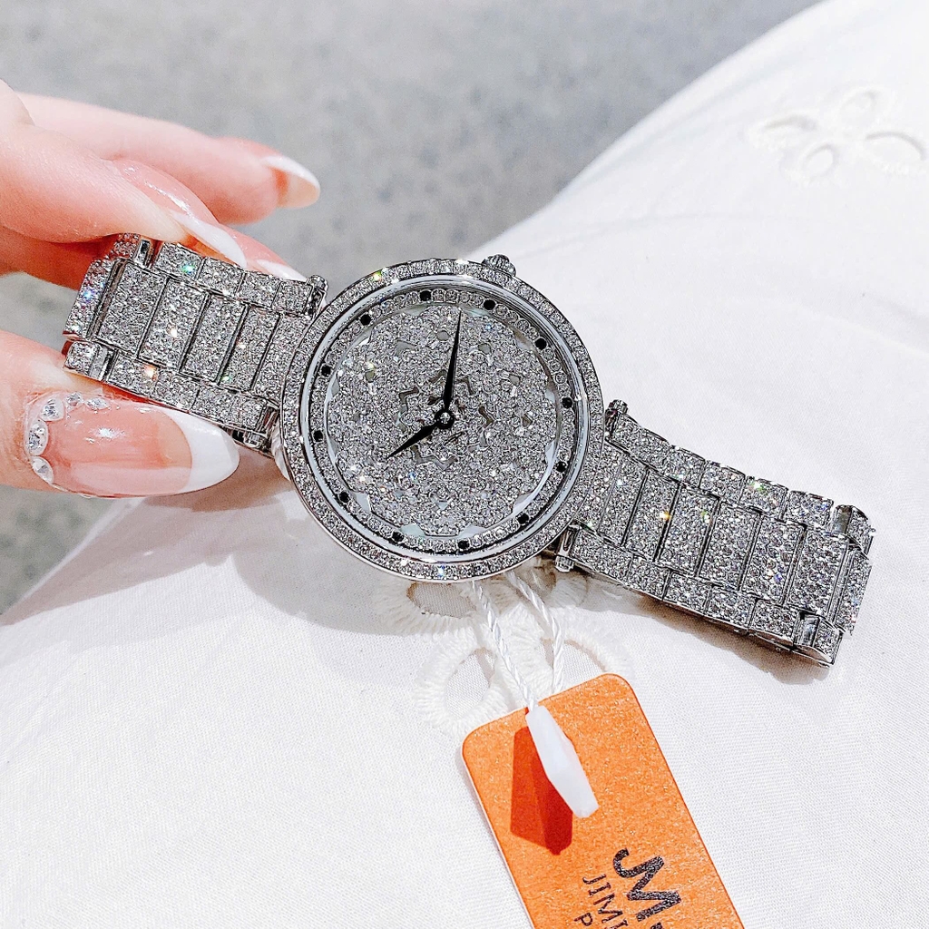 Set Đồng Hồ Nữ Jimi Jimi Mặt Hoa Xoay Đính Đá Bạc Sang Trọng Size 35mm JM 86003 Tặng Kèm Vòng Tay