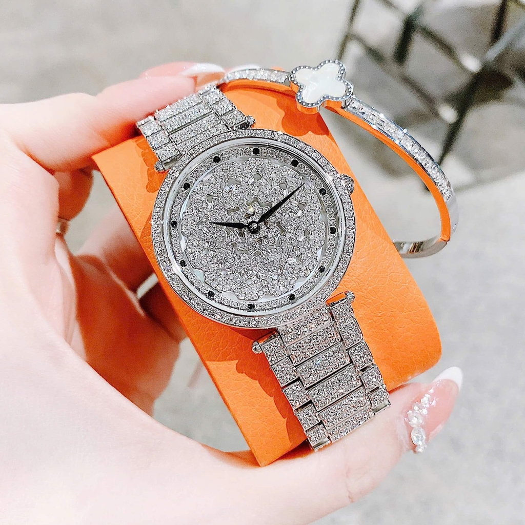 Set Đồng Hồ Nữ Jimi Jimi Mặt Hoa Xoay Đính Đá Bạc Sang Trọng Size 35mm JM 86003 Tặng Kèm Vòng Tay