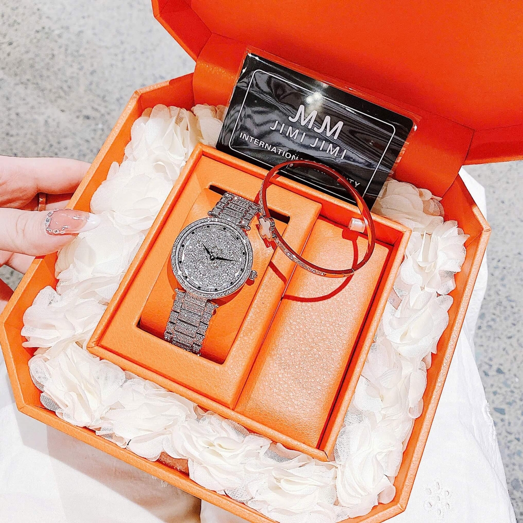 Set Đồng Hồ Nữ Jimi Jimi Mặt Hoa Xoay Đính Đá Bạc Sang Trọng Size 35mm JM 86003 Tặng Kèm Vòng Tay