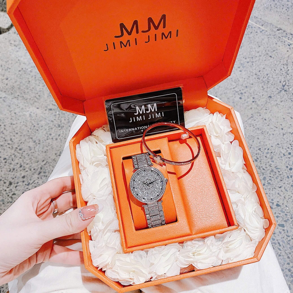 Set Đồng Hồ Nữ Jimi Jimi Mặt Hoa Xoay Đính Đá Bạc Sang Trọng Size 35mm JM 86003 Tặng Kèm Vòng Tay