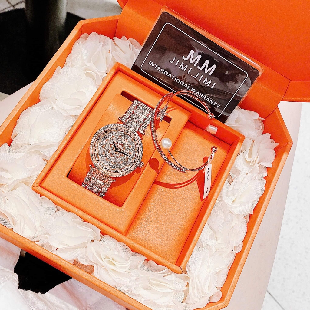 Set Đồng Hồ Nữ Jimi Jimi Mặt Hoa Xoay Đính Đá Vàng Hồng Sang Trọng Size 35mm JM 86003 Tặng Kèm Vòng Tay