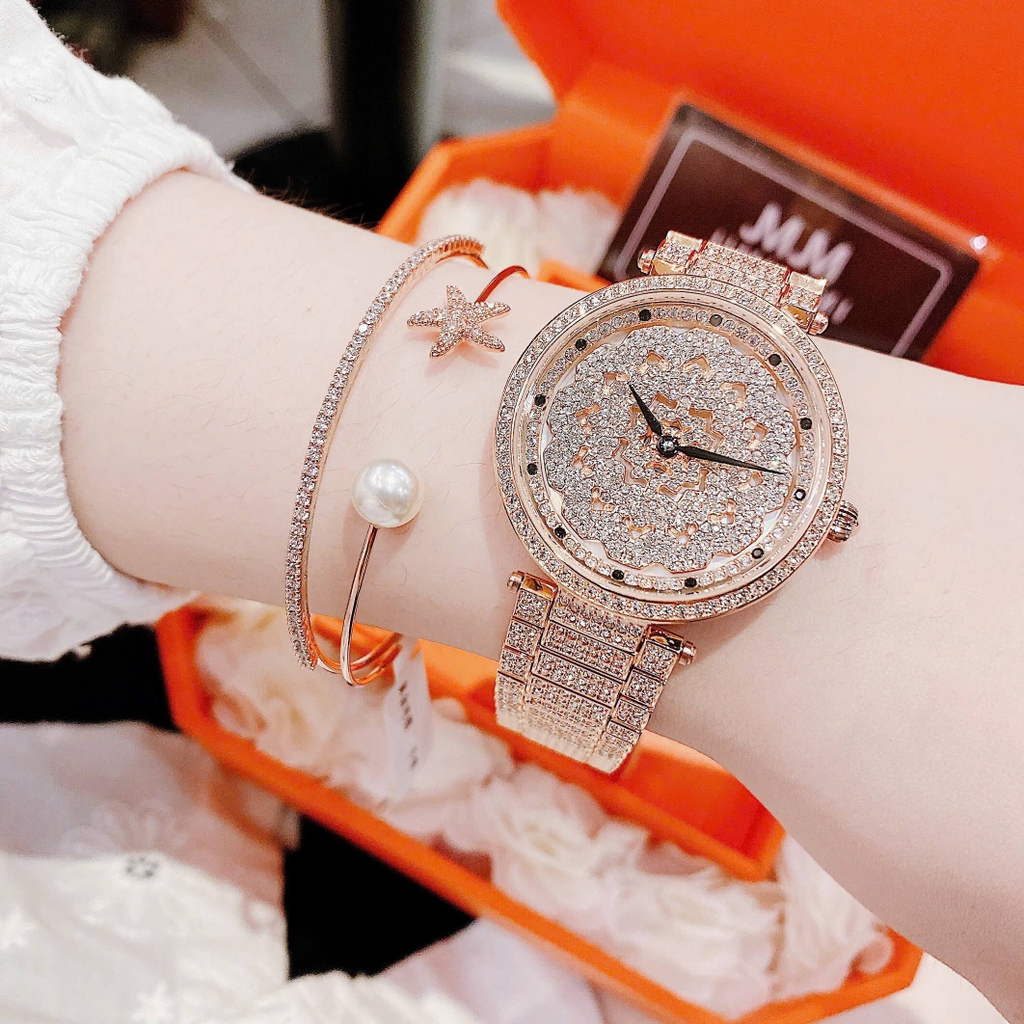 Set Đồng Hồ Nữ Jimi Jimi Mặt Hoa Xoay Đính Đá Vàng Hồng Sang Trọng Size 35mm JM 86003 Tặng Kèm Vòng Tay
