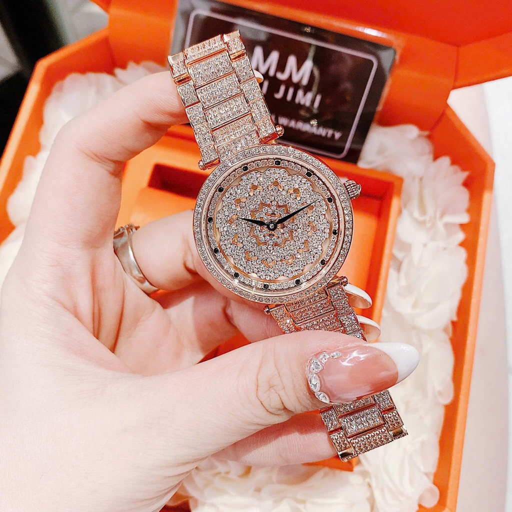 Set Đồng Hồ Nữ Jimi Jimi Mặt Hoa Xoay Đính Đá Vàng Hồng Sang Trọng Size 35mm JM 86003 Tặng Kèm Vòng Tay