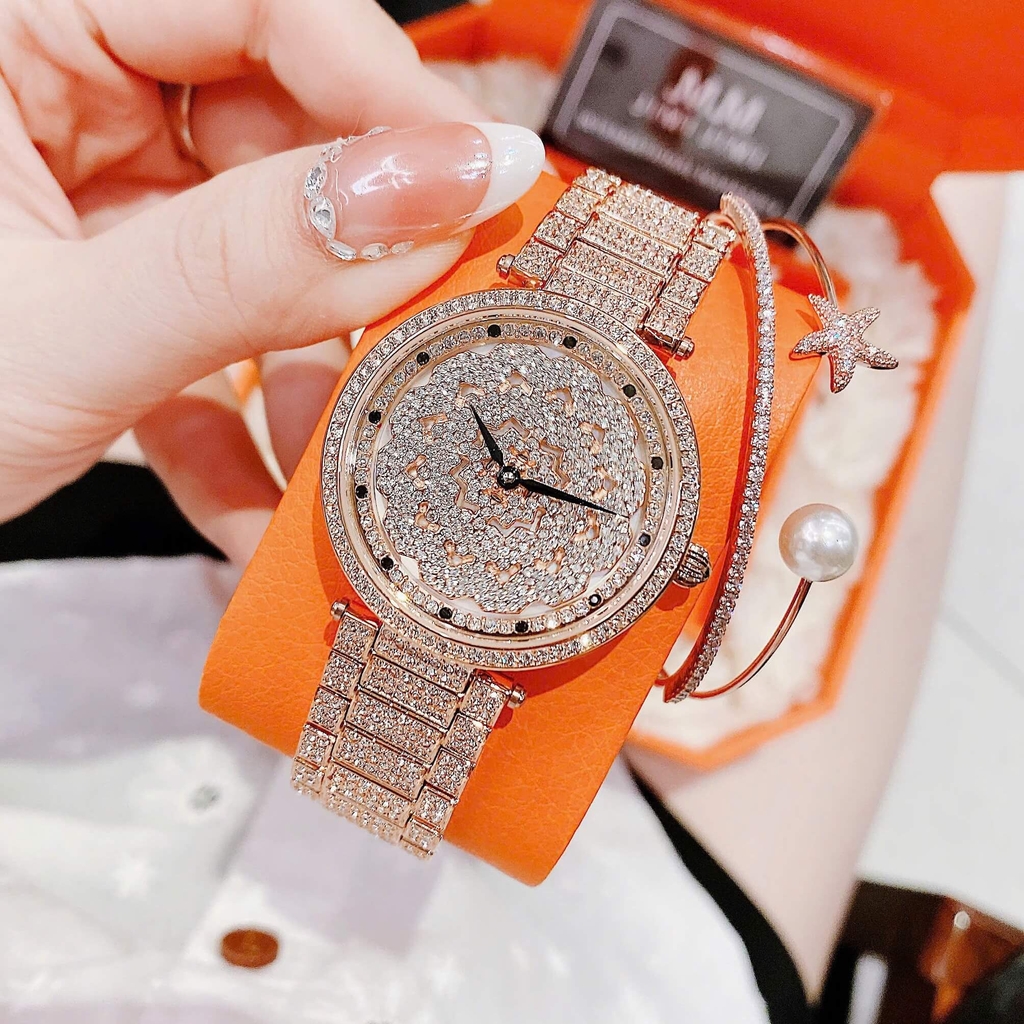 Set Đồng Hồ Nữ Jimi Jimi Mặt Hoa Xoay Đính Đá Vàng Hồng Sang Trọng Size 35mm JM 86003 Tặng Kèm Vòng Tay
