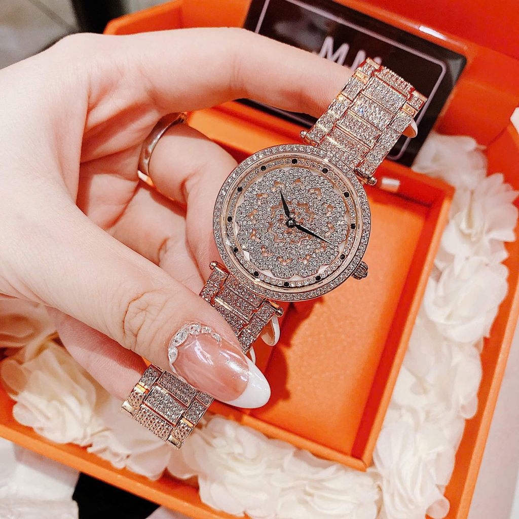 Set Đồng Hồ Nữ Jimi Jimi Mặt Hoa Xoay Đính Đá Vàng Hồng Sang Trọng Size 35mm JM 86003 Tặng Kèm Vòng Tay