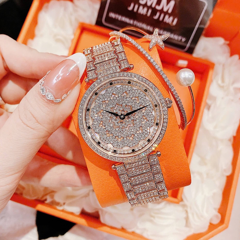 Set Đồng Hồ Nữ Jimi Jimi Mặt Hoa Xoay Đính Đá Vàng Hồng Sang Trọng Size 35mm JM 86003 Tặng Kèm Vòng Tay