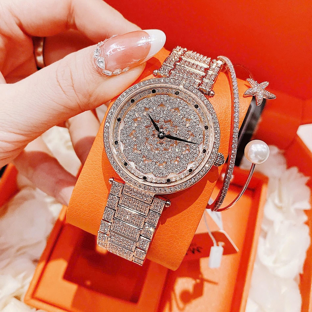 Set Đồng Hồ Nữ Jimi Jimi Mặt Hoa Xoay Đính Đá Vàng Hồng Sang Trọng Size 35mm JM 86003 Tặng Kèm Vòng Tay