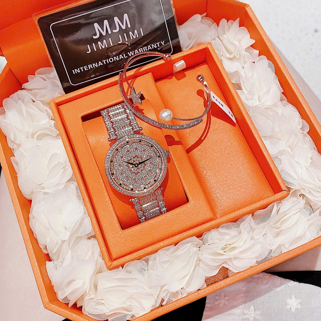 Set Đồng Hồ Nữ Jimi Jimi Mặt Hoa Xoay Đính Đá Vàng Hồng Sang Trọng Size 35mm JM 86003 Tặng Kèm Vòng Tay