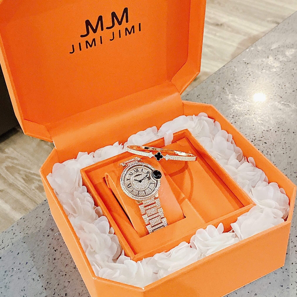 Set Đồng Hồ Nữ Jimi Jimi Mặt Số La Mã Dây Kim Loại Đính Đá Rose Size 36mm Máy Pin JM 86002 Tặng Kèm Vòng Tay
