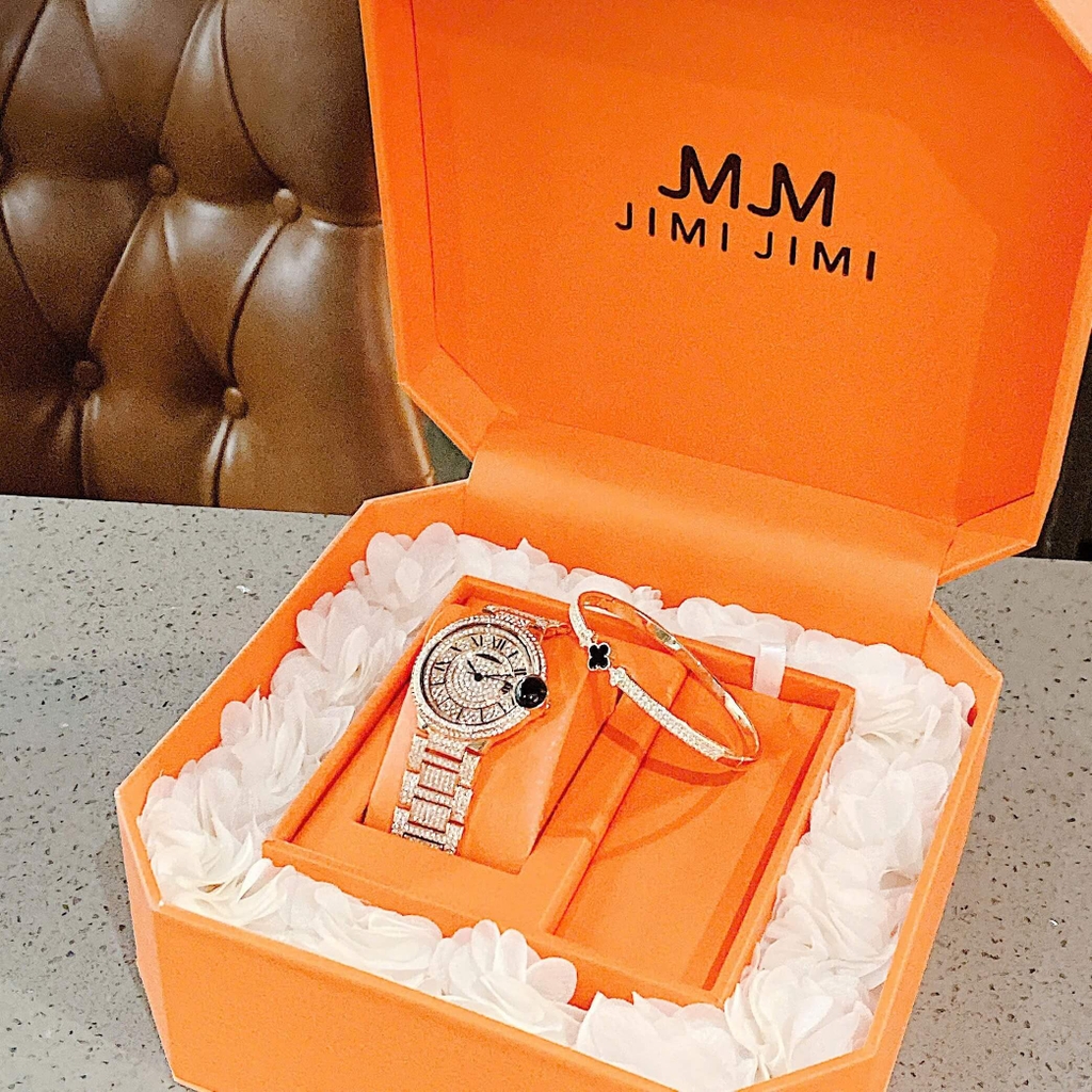 Set Đồng Hồ Nữ Jimi Jimi Mặt Số La Mã Dây Kim Loại Đính Đá Rose Size 36mm Máy Pin JM 86002 Tặng Kèm Vòng Tay