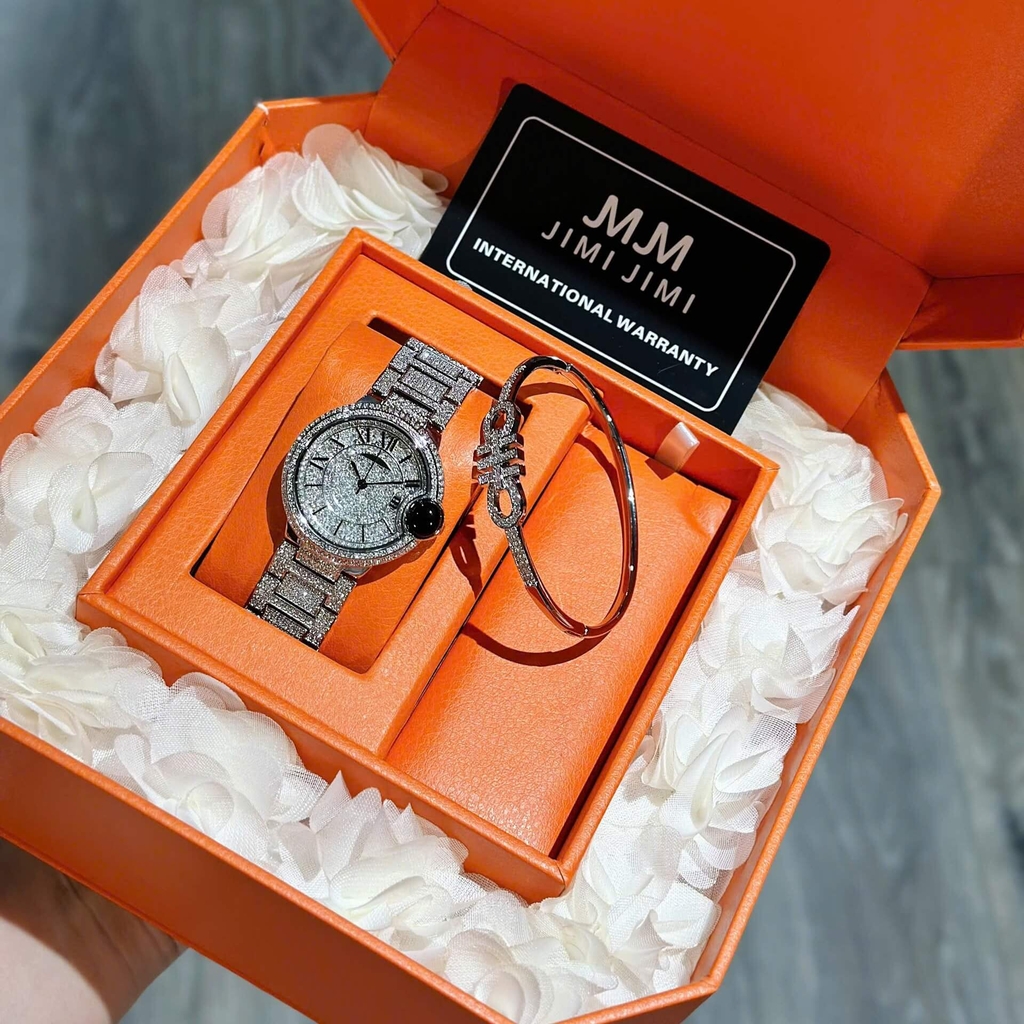 Set Đồng Hồ Nữ Jimi Jimi Mặt Số La Mã Dây Kim Loại Đính Đá Silver Size 36mm Máy Pin JM 86002