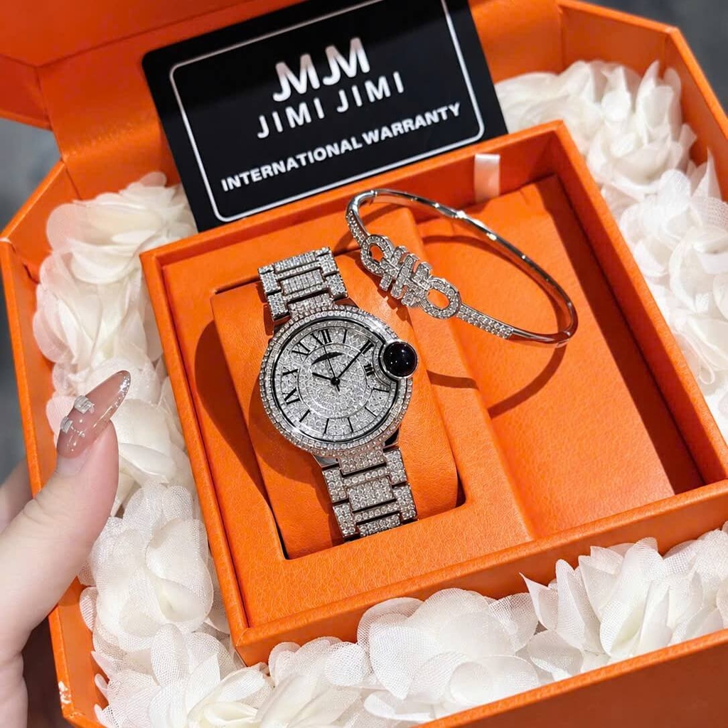 Set Đồng Hồ Nữ Jimi Jimi Mặt Số La Mã Dây Kim Loại Đính Đá Silver Size 36mm Máy Pin JM 86002
