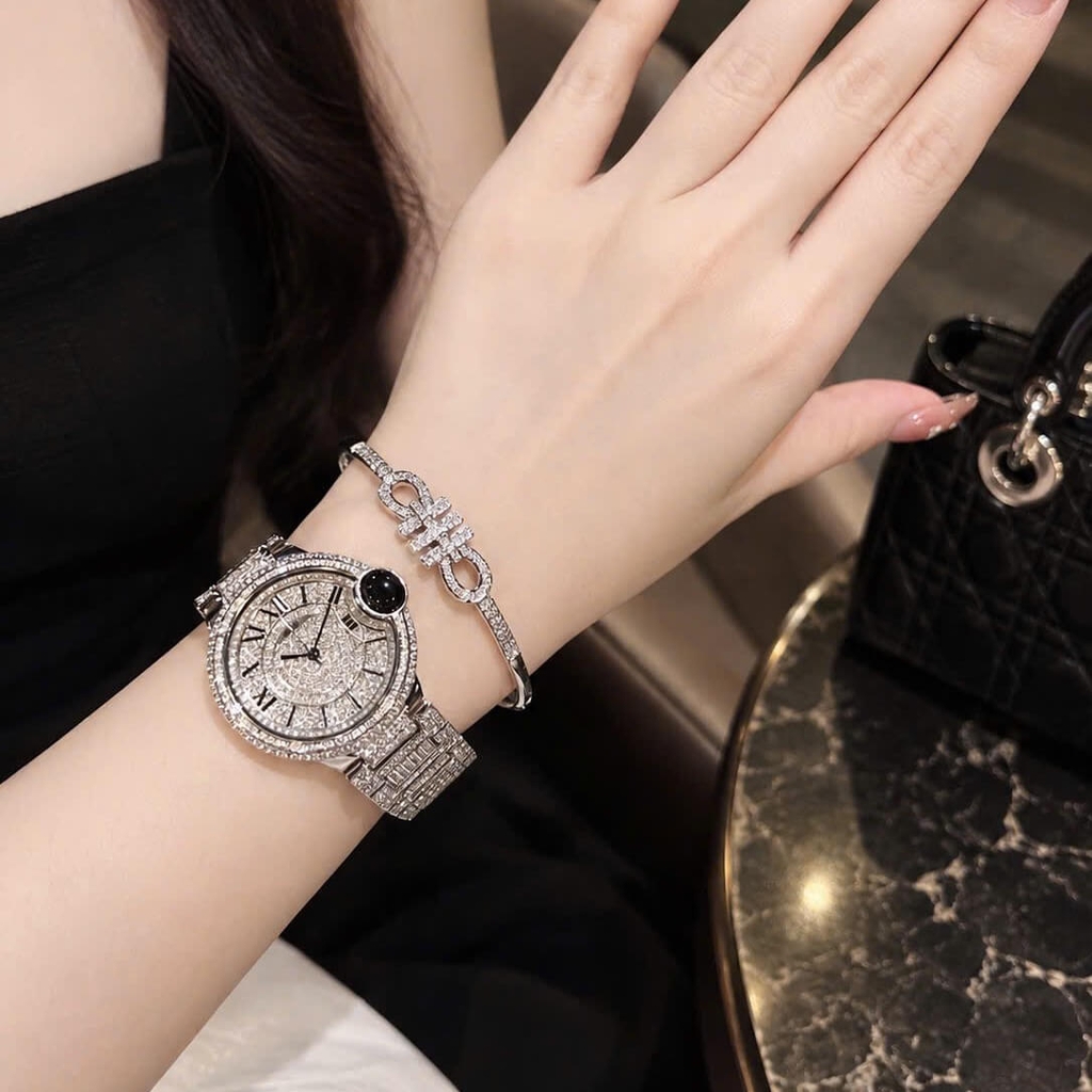 Set Đồng Hồ Nữ Jimi Jimi Mặt Số La Mã Dây Kim Loại Đính Đá Silver Size 36mm Máy Pin JM 86002