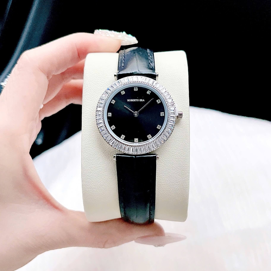 Set Đồng Hồ Nữ Roberto Era Chính Hãng Dây Da Đen Viền Đá Silver Size 33mm RE1802 Tặng Kèm Dây Chuyền