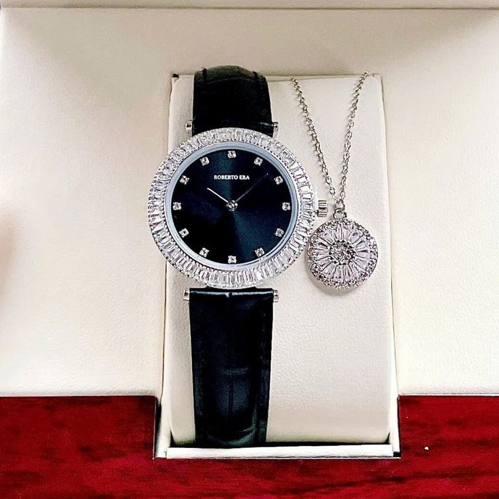 Set Đồng Hồ Nữ Roberto Era Chính Hãng Dây Da Đen Viền Đá Silver Size 33mm RE1802 Tặng Kèm Dây Chuyền