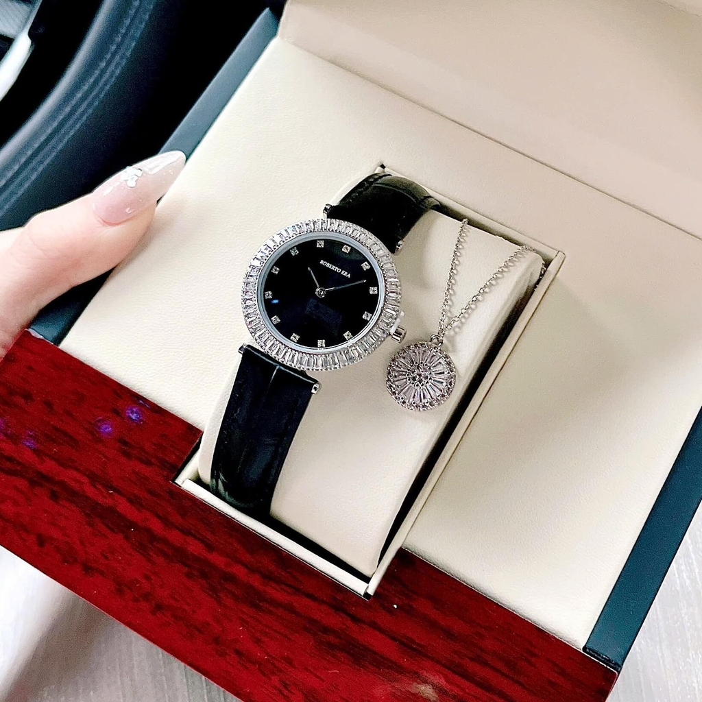 Set Đồng Hồ Nữ Roberto Era Chính Hãng Dây Da Đen Viền Đá Silver Size 33mm RE1802 Tặng Kèm Dây Chuyền