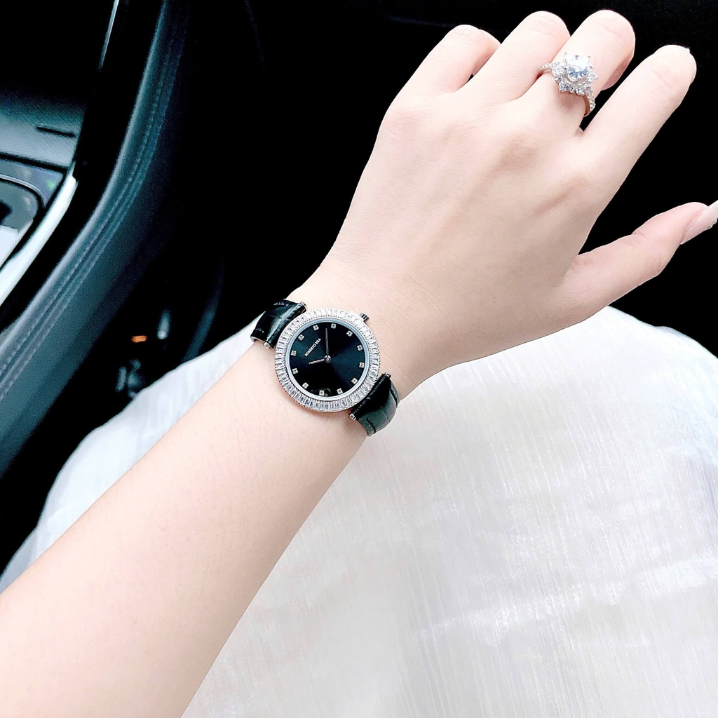 Set Đồng Hồ Nữ Roberto Era Chính Hãng Dây Da Đen Viền Đá Silver Size 33mm RE1802 Tặng Kèm Dây Chuyền