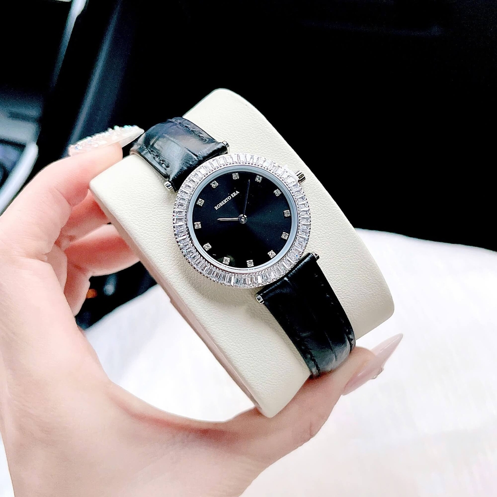 Set Đồng Hồ Nữ Roberto Era Chính Hãng Dây Da Đen Viền Đá Silver Size 33mm RE1802 Tặng Kèm Dây Chuyền