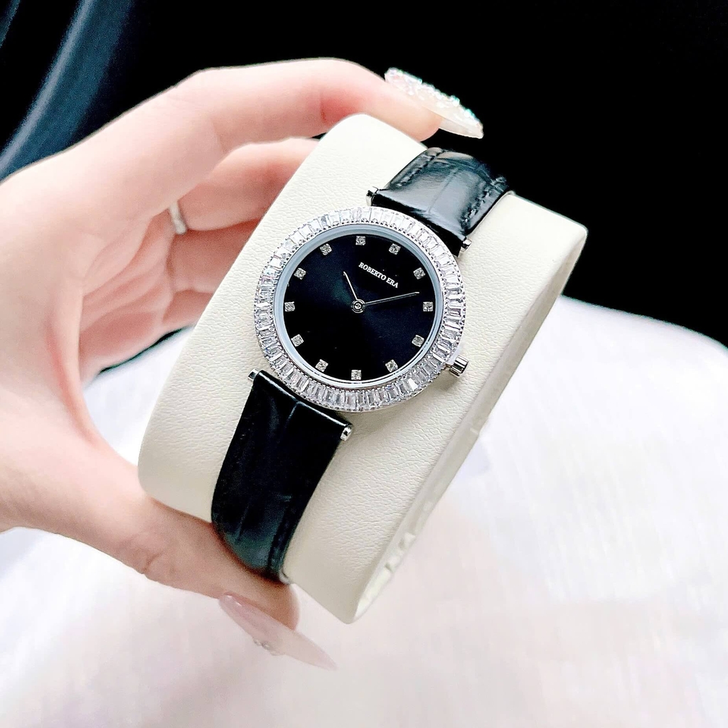 Set Đồng Hồ Nữ Roberto Era Chính Hãng Dây Da Đen Viền Đá Silver Size 33mm RE1802 Tặng Kèm Dây Chuyền