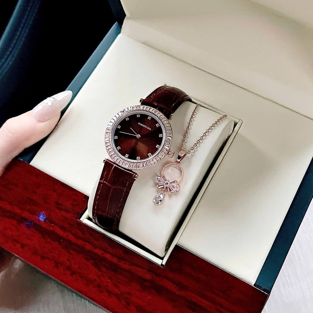 Set Đồng Hồ Nữ Roberto Era Chính Hãng Dây Da Nâu Viền Đá Rose Size 33mm RE1800 Tặng Kèm Dây Chuyền